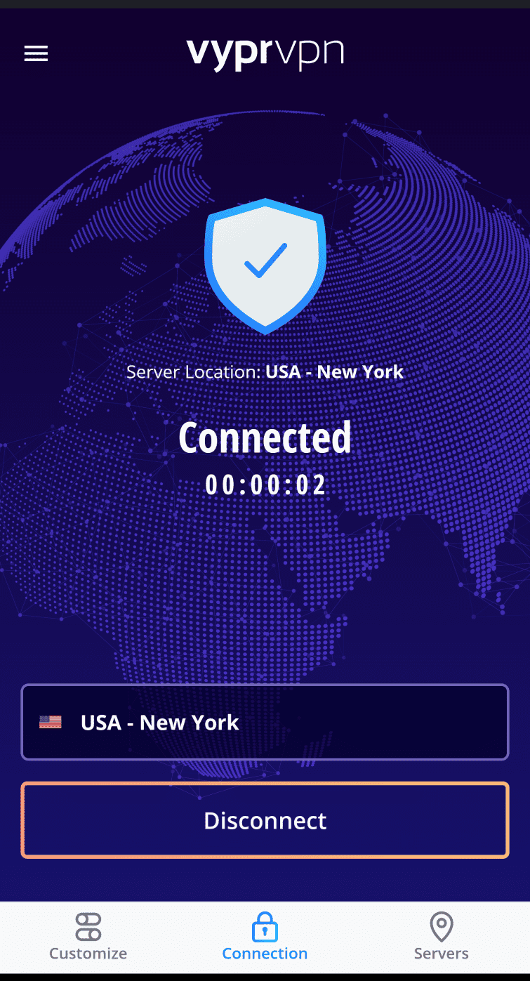 VyprVPN mobile app connected to a US server