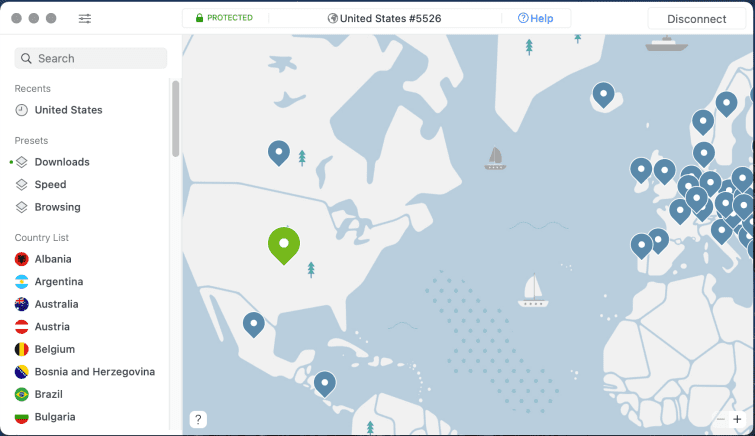 NordVPN app connected to a US server on Macbook Air